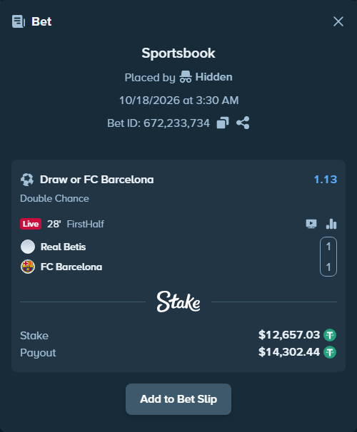 Bet slip: Real Betis - Barcelona, $12,669.68 stake at 1.13 odds, placed by uekt