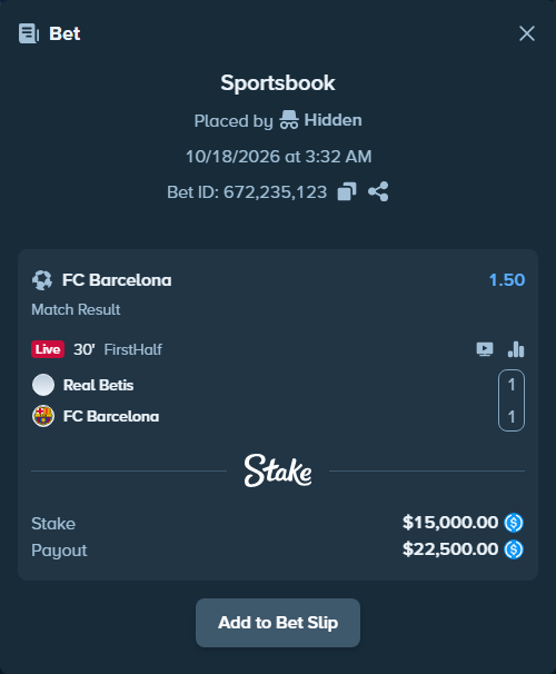 Bet slip: Real Betis - Barcelona, $15,000.00 stake at 1.50 odds, placed by Deiligdeila