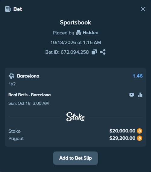 Bet slip: Real Betis - Barcelona, $19,954.75 stake at 1.46 odds, placed by Hallfkh