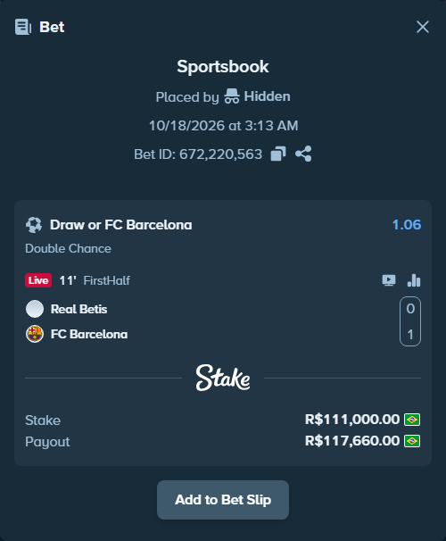 Bet slip: Real Betis - Barcelona, $22,200.00 stake at 1.06 odds, placed by toussaintpedro