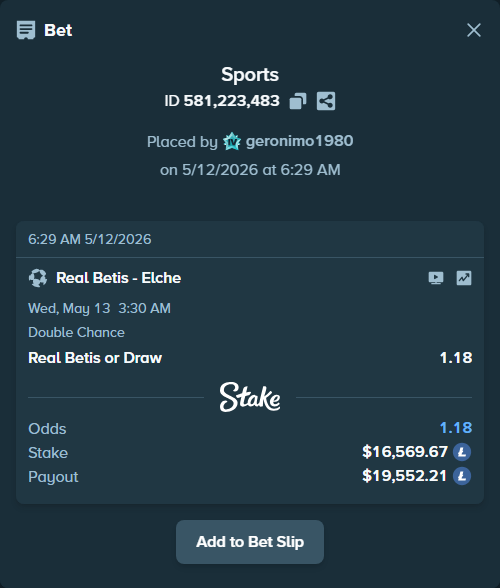 Bet slip: Real Betis - Elche, $12,538.42 stake at 1.18 odds, placed by geronimo1980