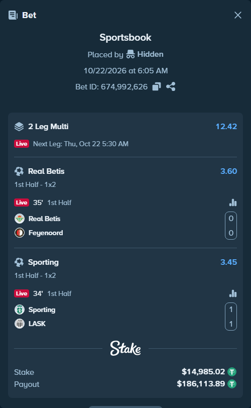 Bet slip: Real Betis - Feyenoord, $15,000.00 stake at 3.60 odds, placed by Hidden