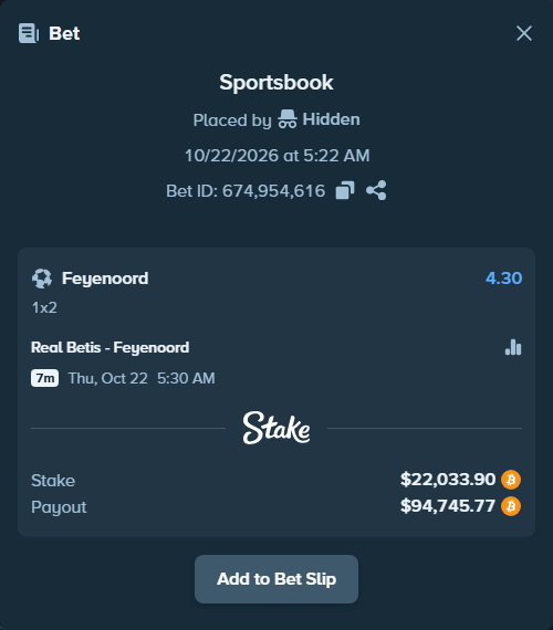 Bet slip: Real Betis - Feyenoord, $21,641.36 stake at 4.30 odds, placed by Lilyoung07