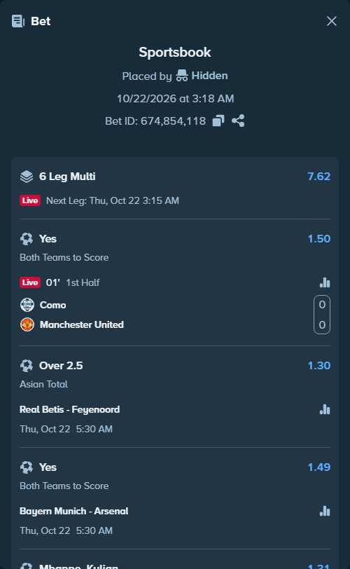 Bet slip: Real Betis - Feyenoord, $22,022.00 stake at 1.30 odds, placed by Hidden