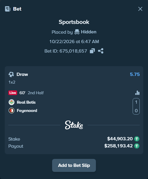 Bet slip: Real Betis - Feyenoord, $44,948.11 stake at 5.75 odds, placed by BetlikeaKing