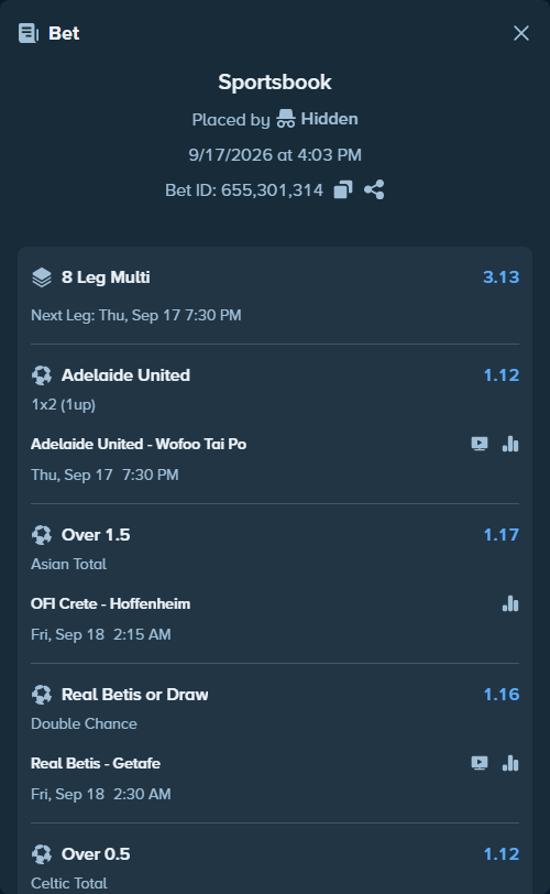 Bet slip: Real Betis - Getafe, $10,000.00 stake at 1.16 odds, placed by Hidden