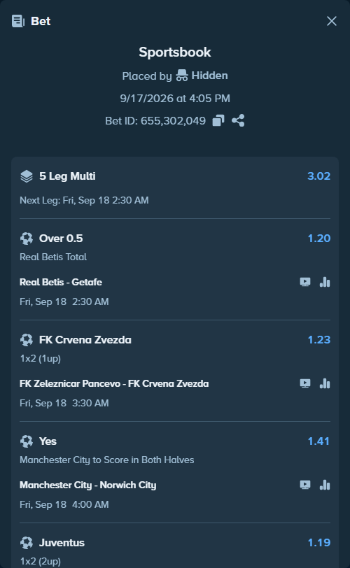 Bet slip: Real Betis - Getafe, $10,000.00 stake at 1.20 odds, placed by Hidden