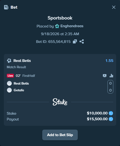 Bet slip: Real Betis - Getafe, $10,000.00 stake at 1.55 odds, placed by Enghandreas