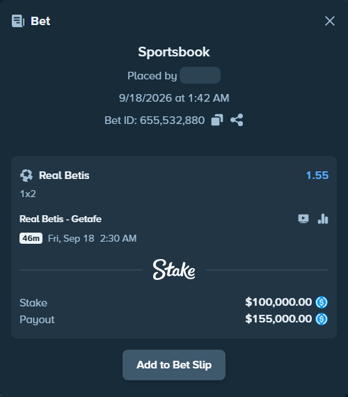 Bet slip: Real Betis - Getafe, $100,000.00 stake at 1.55 odds, placed by pering3