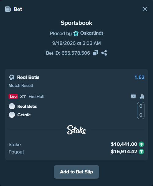 Bet slip: Real Betis - Getafe, $10,451.44 stake at 1.62 odds, placed by Oskarlindt