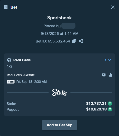 Bet slip: Real Betis - Getafe, $12,800.00 stake at 1.55 odds, placed by winnirium228