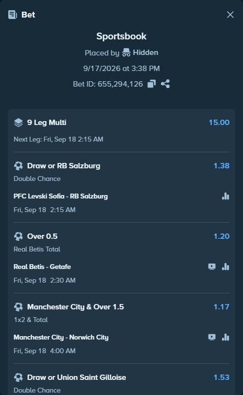 Bet slip: Real Betis - Getafe, $150,000.00 stake at 1.20 odds, placed by Hidden