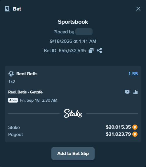 Bet slip: Real Betis - Getafe, $19,915.73 stake at 1.55 odds, placed by Tonyj69
