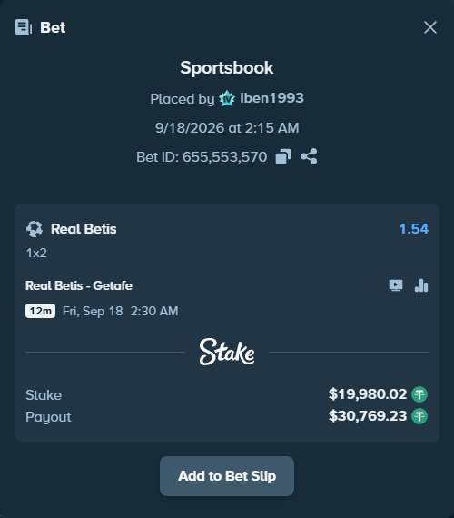 Bet slip: Real Betis - Getafe, $20,000.00 stake at 1.54 odds, placed by Iben1993