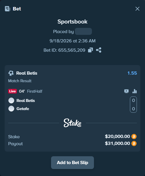 Bet slip: Real Betis - Getafe, $19,928.66 stake at 1.55 odds, placed by Espnik