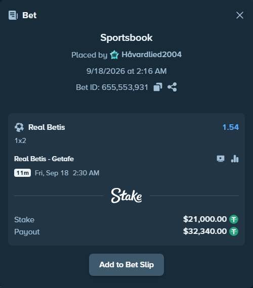 Bet slip: Real Betis - Getafe, $21,021.00 stake at 1.54 odds, placed by Håvardlied2004