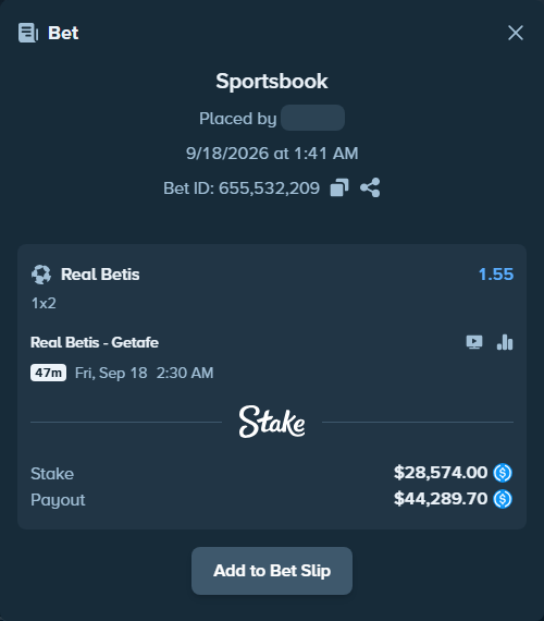 Bet slip: Real Betis - Getafe, $28,574.00 stake at 1.55 odds, placed by frodeand