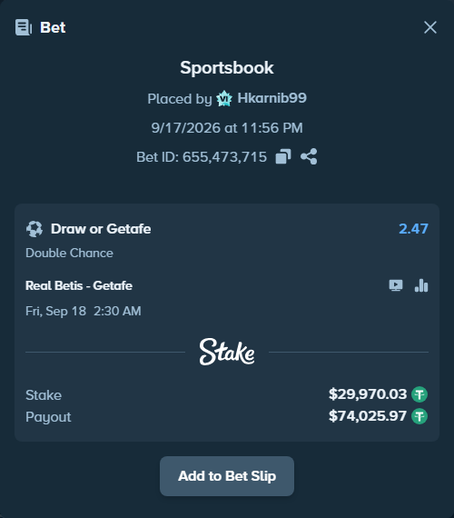 Bet slip: Real Betis - Getafe, $30,000.00 stake at 2.47 odds, placed by Hkarnib99