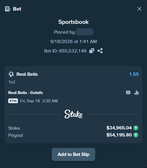 Bet slip: Real Betis - Getafe, $35,000.00 stake at 1.55 odds, placed by winnirium228