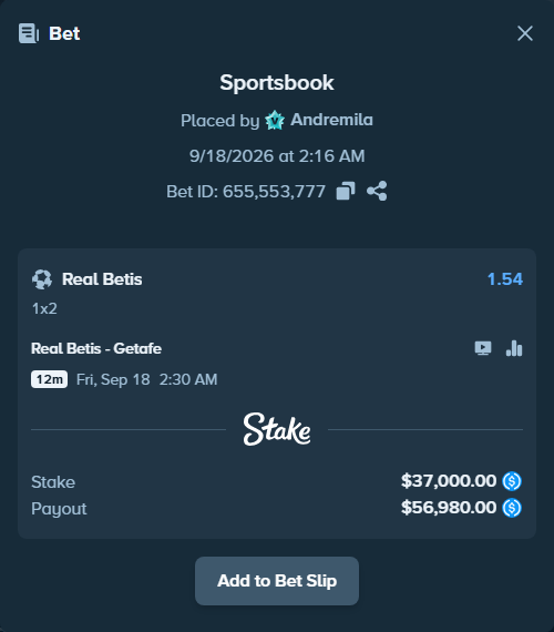 Bet slip: Real Betis - Getafe, $37,000.00 stake at 1.54 odds, placed by Andremila
