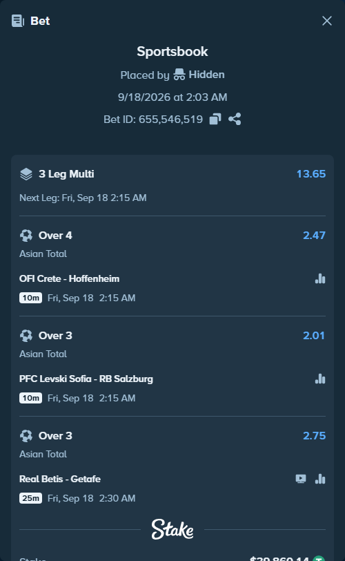 Bet slip: Real Betis - Getafe, $39,900.00 stake at 2.75 odds, placed by Hidden
