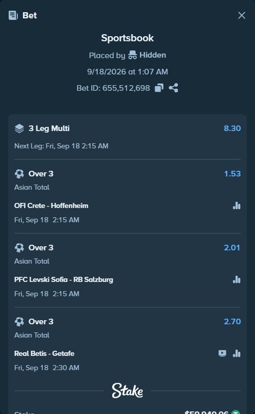 Bet slip: Real Betis - Getafe, $60,000.00 stake at 2.70 odds, placed by Hidden