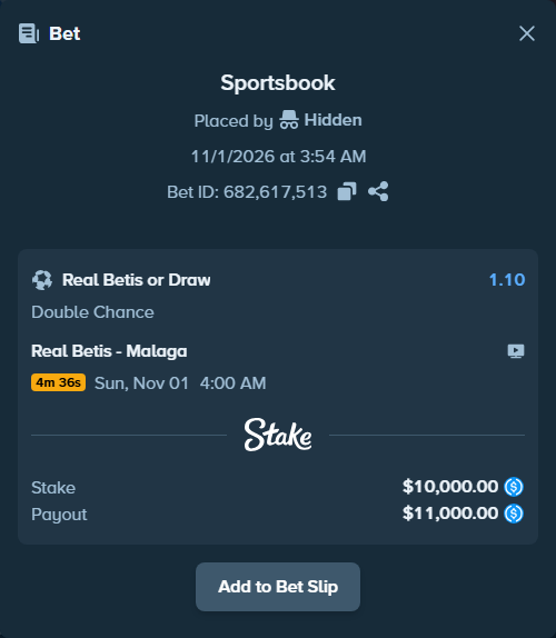 Bet slip: Real Betis - Malaga, $10,000.00 stake at 1.10 odds, placed by Hidden