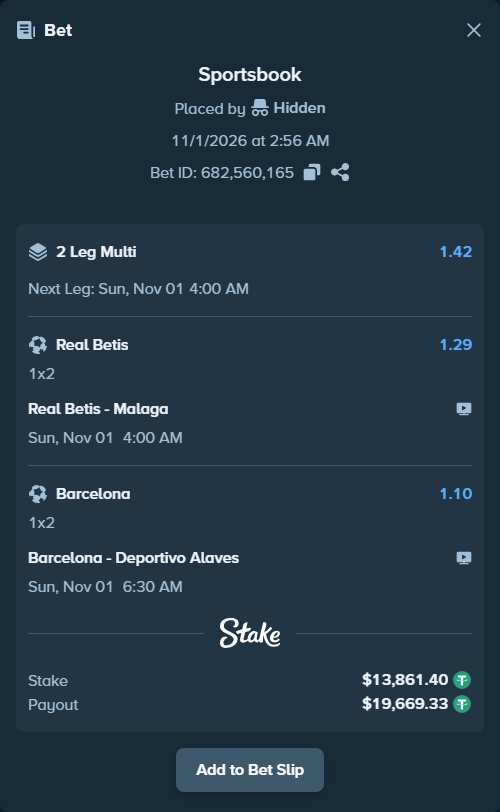 Bet slip: Real Betis - Malaga, $13,875.26 stake at 1.29 odds, placed by Faz87