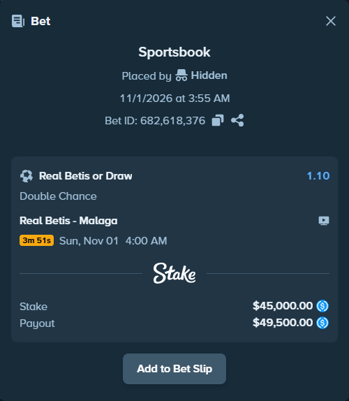Bet slip: Real Betis - Malaga, $45,000.00 stake at 1.10 odds, placed by Lefzinatoren