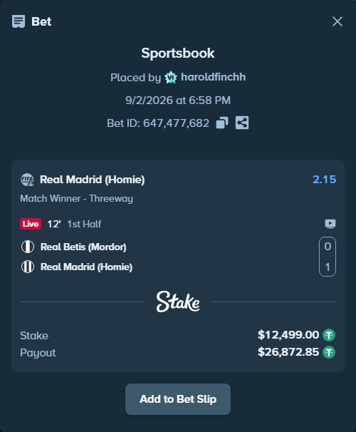 Bet slip: Real Betis (Mordor) - Real Madrid (Homie), $12,499.00 stake at 2.15 odds, placed by haroldfinchh
