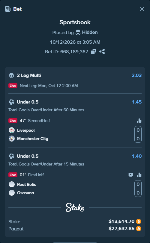 Bet slip: Real Betis - Osasuna, $13,634.52 stake at 1.40 odds, placed by hungrybox