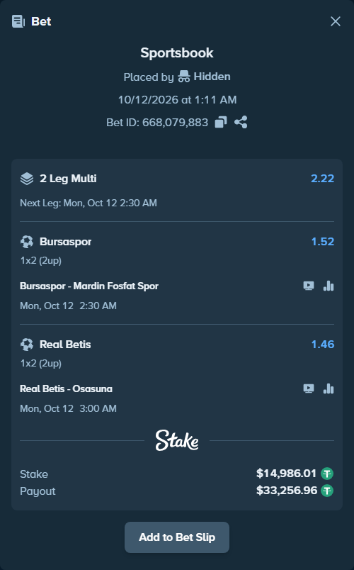 Bet slip: Real Betis - Osasuna, $15,001.00 stake at 1.46 odds, placed by Hidden
