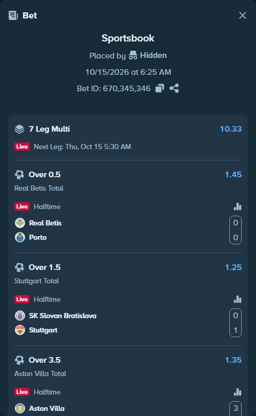 Bet slip: Real Betis - Porto, $51,902.85 stake at 1.45 odds, placed by Hidden