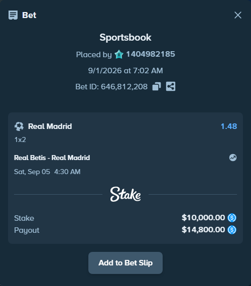Bet slip: Real Betis - Real Madrid, $10,000.00 stake at 1.48 odds, placed by 1404982185