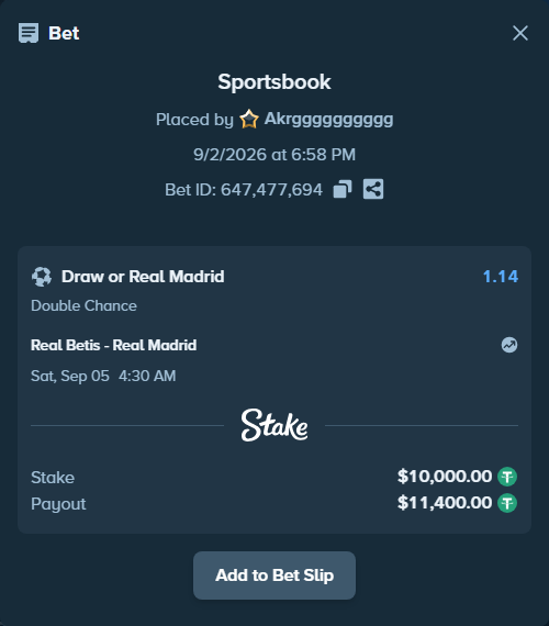 Bet slip: Real Betis - Real Madrid, $10,000.00 stake at 1.14 odds, placed by Akrgggggggggg