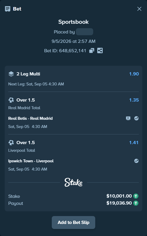 Bet slip: Real Betis - Real Madrid, $10,000.00 stake at 1.35 odds, placed by roha1292
