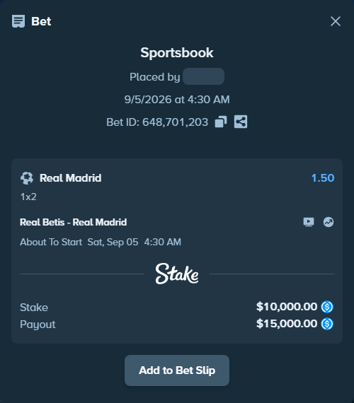 Bet slip: Real Betis - Real Madrid, $10,000.00 stake at 1.50 odds, placed by orageq76