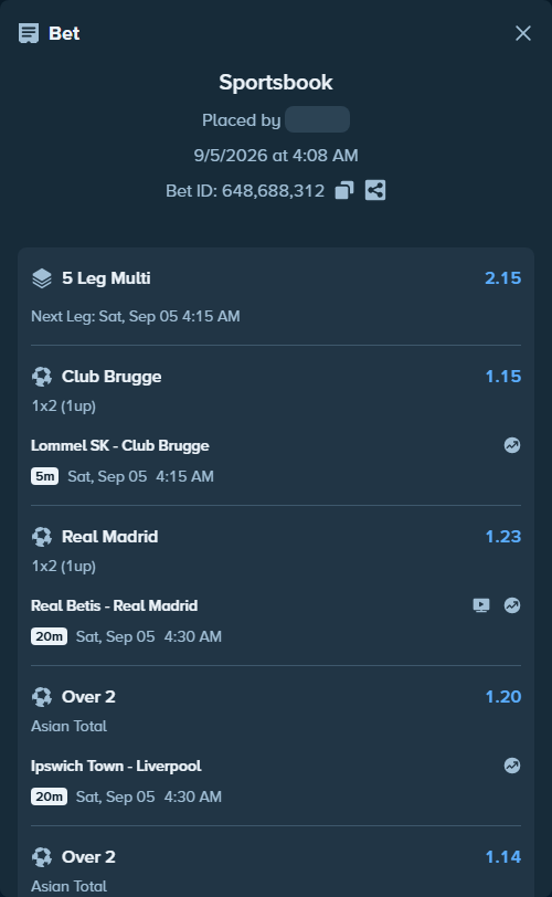 Bet slip: Real Betis - Real Madrid, $10,010.00 stake at 1.23 odds, placed by LATERAL007