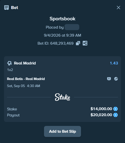 Bet slip: Real Betis - Real Madrid, $14,000.00 stake at 1.43 odds, placed by Storestorm