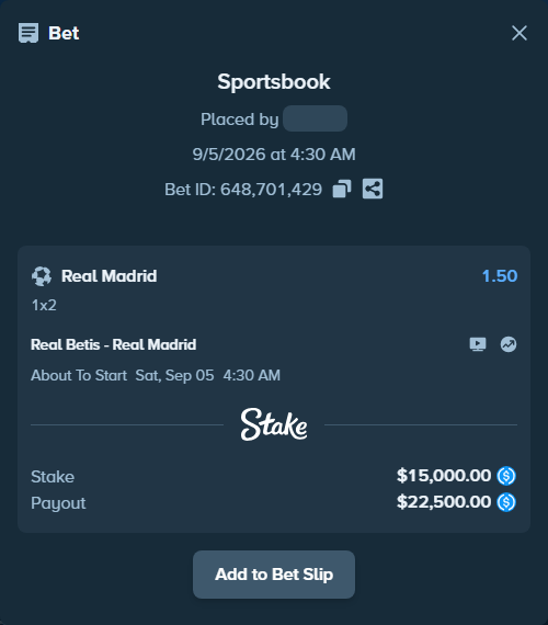 Bet slip: Real Betis - Real Madrid, $15,000.00 stake at 1.50 odds, placed by orageq76