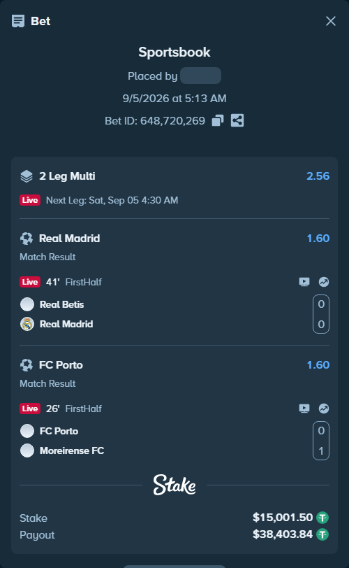 Bet slip: Real Betis - Real Madrid, $15,000.00 stake at 1.60 odds, placed by KOHINUR7474