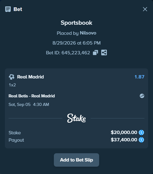 Bet slip: Real Betis - Real Madrid, $20,000.00 stake at 1.87 odds, placed by Nilsovo