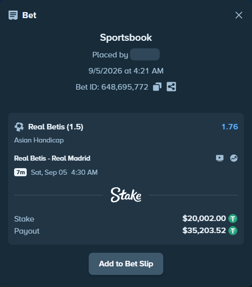 Bet slip: Real Betis - Real Madrid, $20,000.00 stake at 1.76 odds, placed by winnirium228