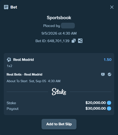 Bet slip: Real Betis - Real Madrid, $20,000.00 stake at 1.50 odds, placed by Nakken12