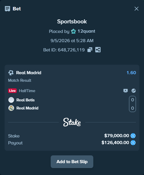 Bet slip: Real Betis - Real Madrid, $79,000.00 stake at 1.60 odds, placed by 12quant