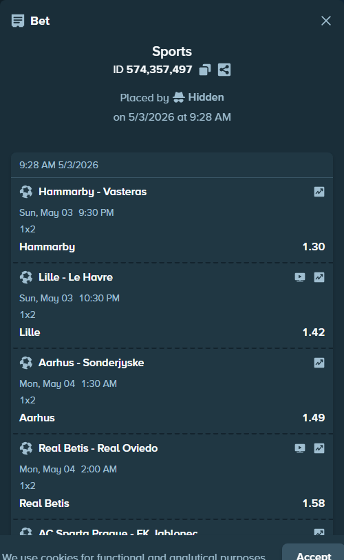 Bet slip: Real Betis - Real Oviedo, $5,208.12 stake at 1.58 odds, placed by Hidden