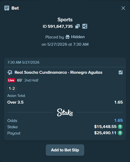 Bet slip: Real Cundinamarca - Aguilas Doradas Rionegro, $15,464.00 stake at 1.65 odds, placed by Hidden