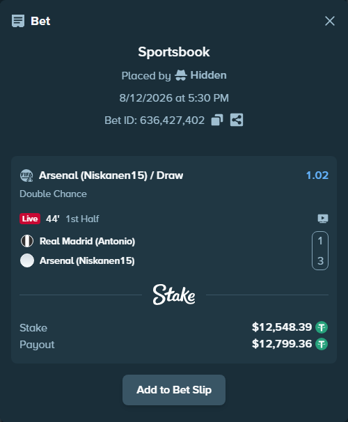Bet slip: Real Madrid (Antonio) - Arsenal (Niskanen15), $12,560.94 stake at 1.02 odds, placed by Hidden