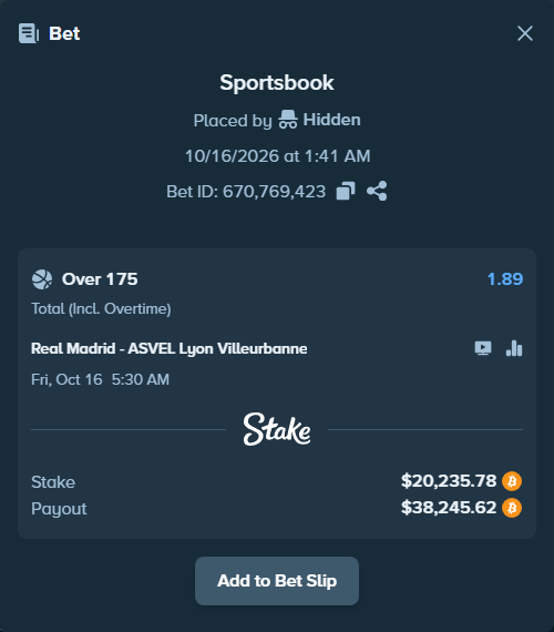Bet slip: Real Madrid - ASVEL Lyon-Villeurbanne, $20,390.67 stake at 1.89 odds, placed by Hidden