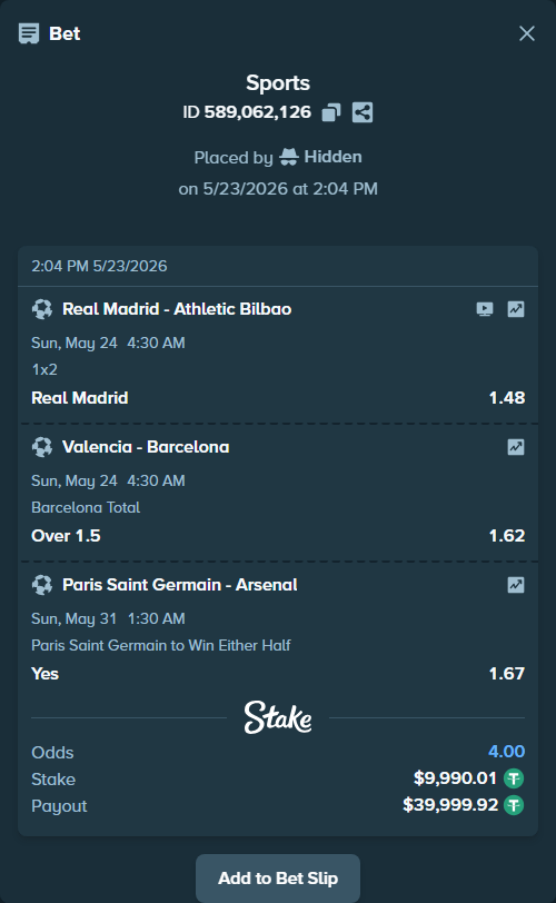 Bet slip: Real Madrid - Athletic Bilbao, $10,000.00 stake at 1.48 odds, placed by Hidden